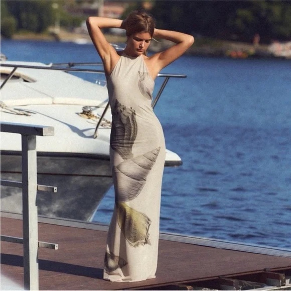 Zara Beach Seashell Print Halterneck Mesh long midi Dress sz.M